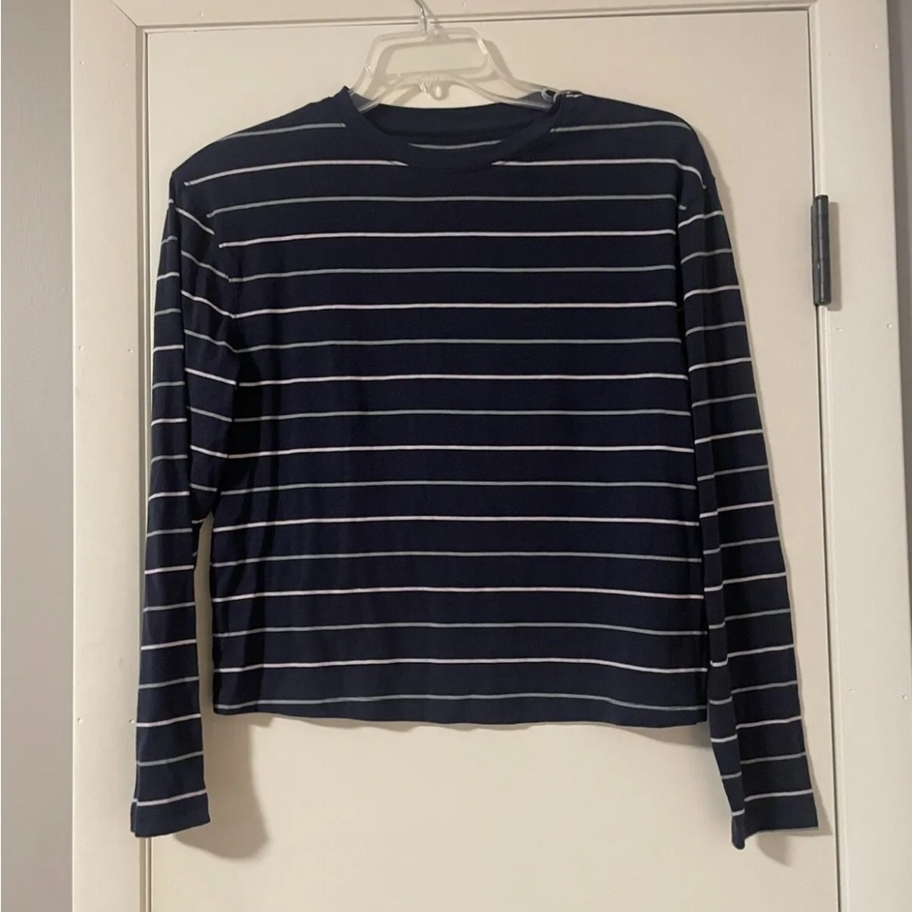 A New Day Women's T-Shirt Small Crop Top Striped Navy Blue Long Sleeve